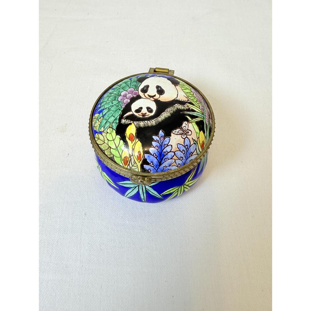 Kelvin Chen Womens Blue Enameled Hinged Floral Panda Baby Round Trinket Box